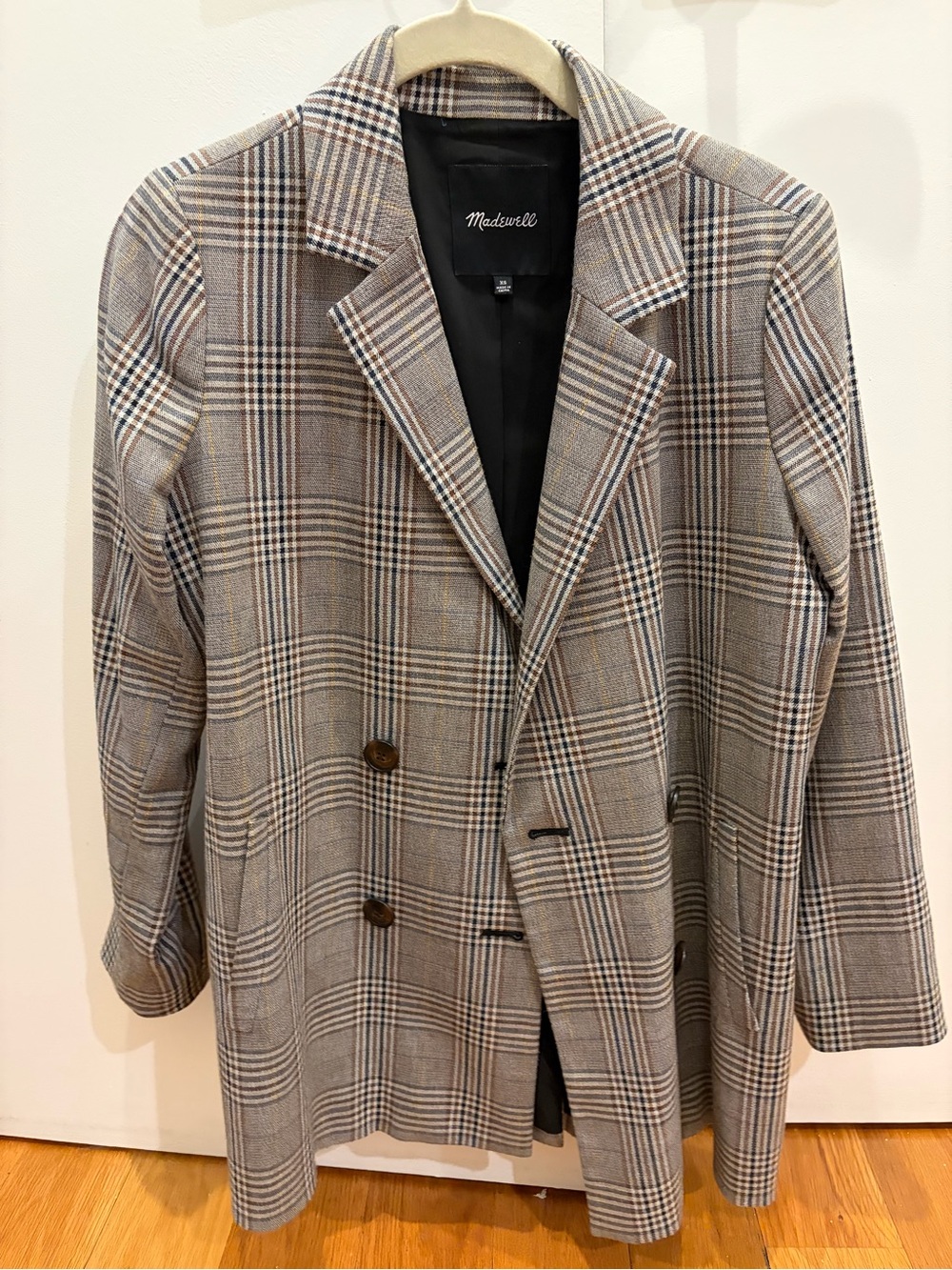 Madewell Plaid Double-Breasted Blazer in Gray and Brown